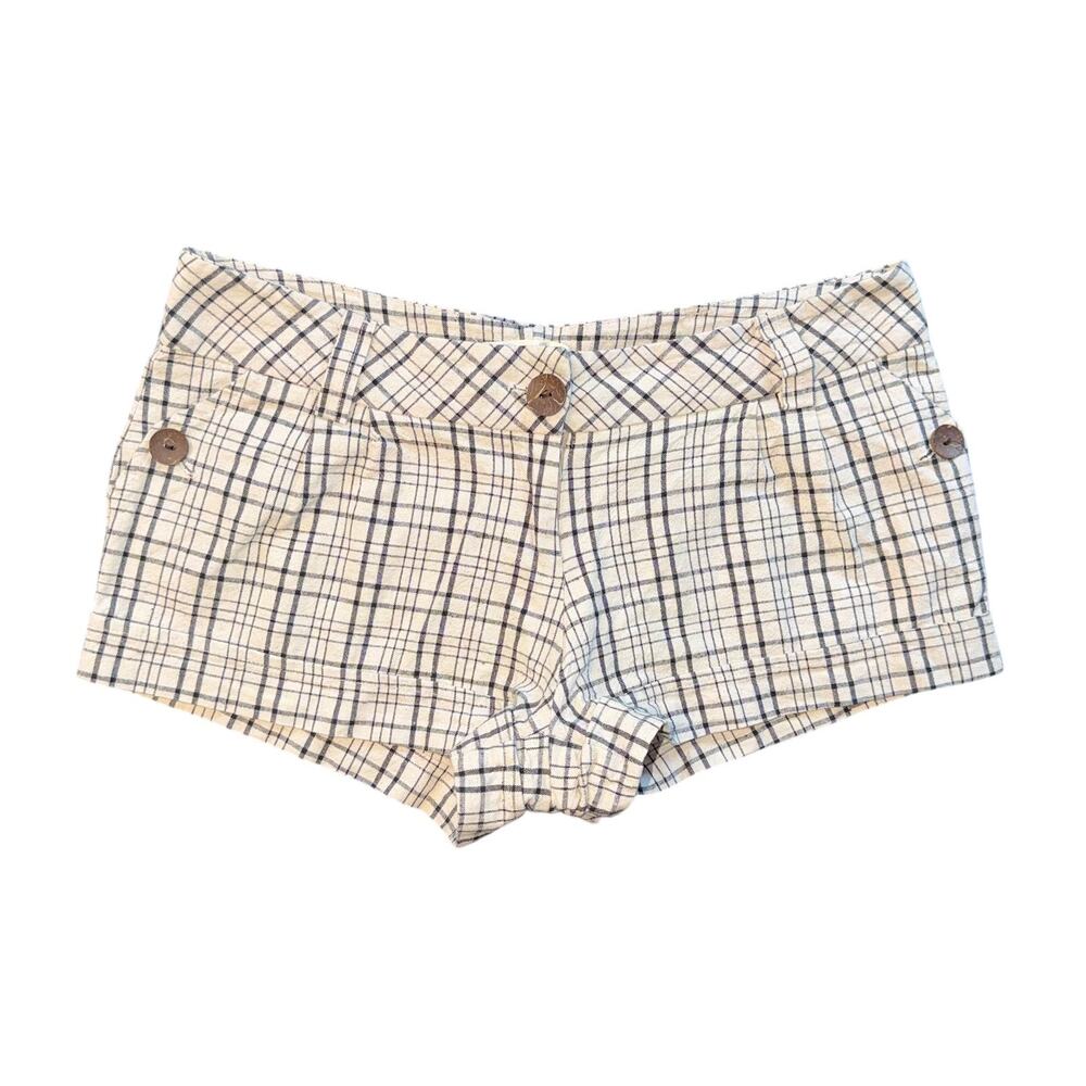 Rampage Vintage Plaid Shorts Womens Large Linen Blend Black White Coconut Button